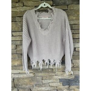 Love Tree Women's Distressed Edge-V Neck Off Shoulder Sweater Medium‎